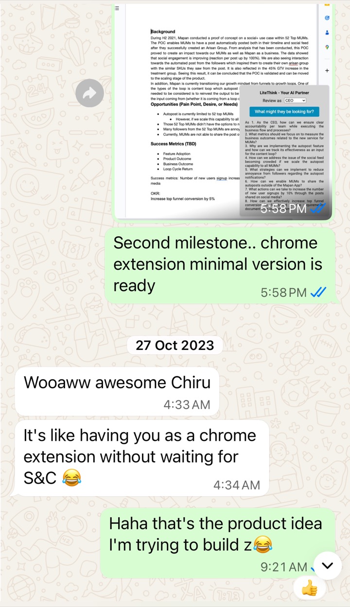 A WhatsApp reaction from a former teammate: it&rsquo;s like having you as a chrome extension